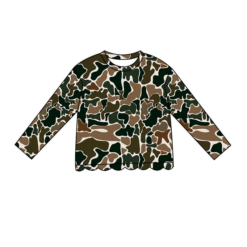 Baby Girls Long Sleeve Southern Dark Brown Camo Scallop T-shirts Top Preorder
