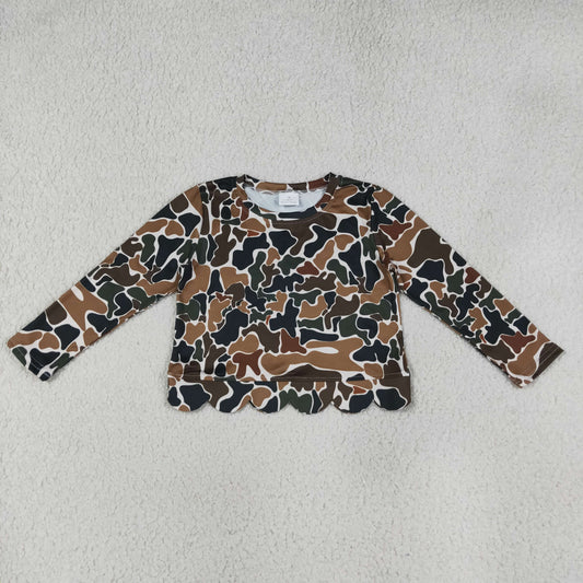 Baby Girls Long Sleeve Dark Brown Camo Scallop T-shirts Top