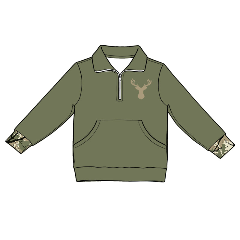Baby Girls Dark Green Long Sleeve Deer Zip Pocket Hunting Pullovers Top Preorder