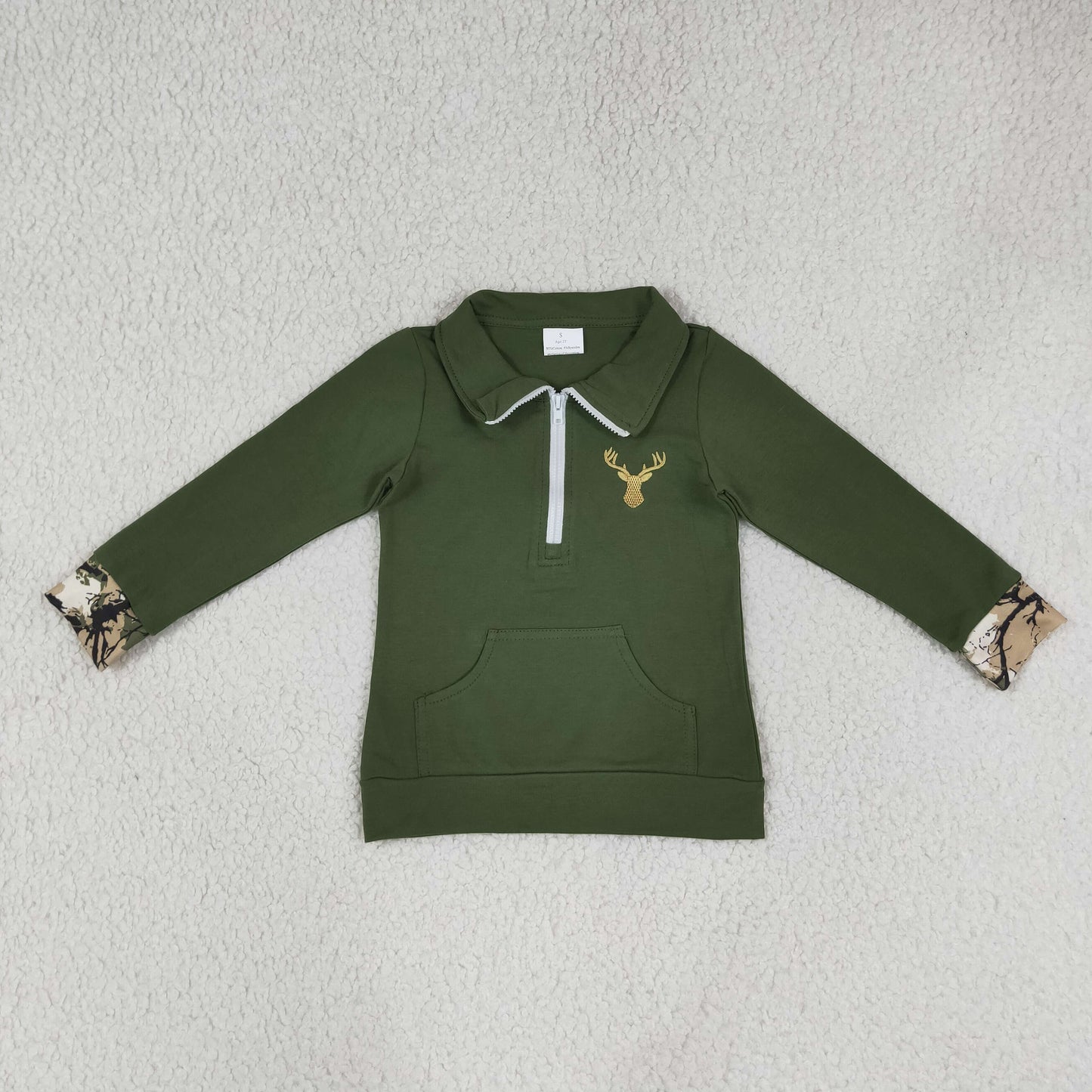 Embroidery Deer Baby Girls Olive Long Sleeve Zip Pocket Hunting Pullovers Top