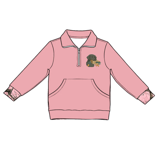 Baby Girls Pink Long Sleeve Dog Ducks Zip Pocket Hunting Pullovers Top Preorder
