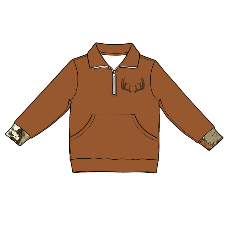 Baby Girls Brown Long Sleeve Deer Zip Pocket Hunting Pullovers Top Preorder