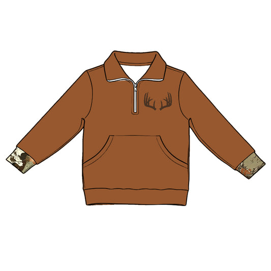 Baby Girls Brown Long Sleeve Deer Zip Pocket Hunting Pullovers Top Preorder