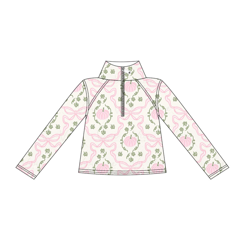 Baby Girls Pink Bows Pumpkins Checked Fall Yoga Active Zip Pullovers Top Preorder