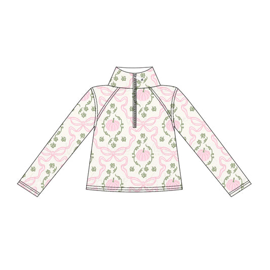 Baby Girls Pink Bows Pumpkins Checked Fall Yoga Active Zip Pullovers Top Preorder