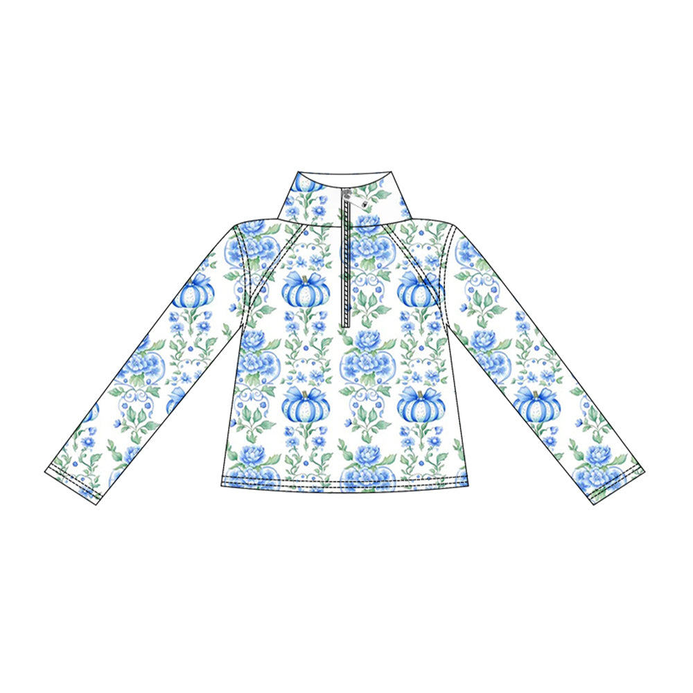 Baby Girls Blue Flowers Pumpkins Fall Yoga Active Zip Pullovers Top Preorder