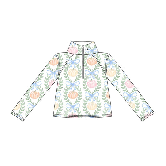 Baby Girls Colorful Pumpkins Bows Checked Fall Yoga Active Zip Pullovers Top Preorder