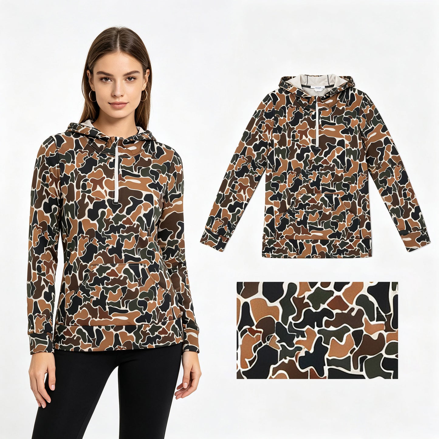 Adult Men Long Sleeve Dark Brown Camo Zip Pocket Hoodies Top