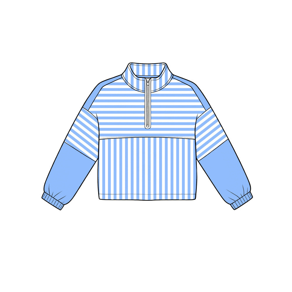Preorder moq 5 Baby Girls Blue Stripe Yoga Active Zip Pullovers Top