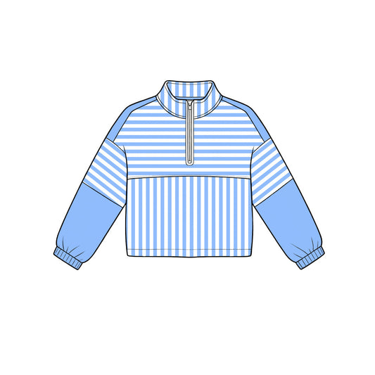 Preorder moq 5 Baby Girls Blue Stripe Yoga Active Zip Pullovers Top