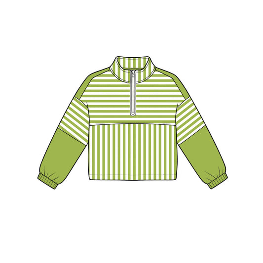 Preorder moq 5 Baby Girls Green Stripe Yoga Active Zip Pullovers Top