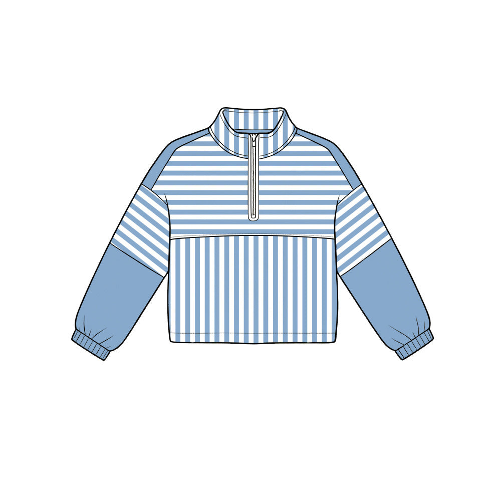 Preorder moq 5 Baby Girls Hot Blue Stripe Yoga Active Zip Pullovers Top