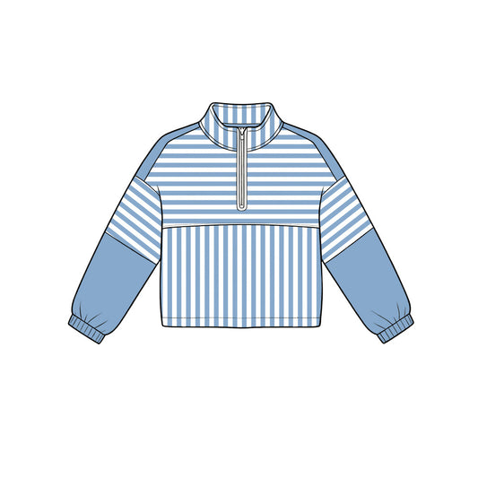 Preorder moq 5 Baby Girls Hot Blue Stripe Yoga Active Zip Pullovers Top