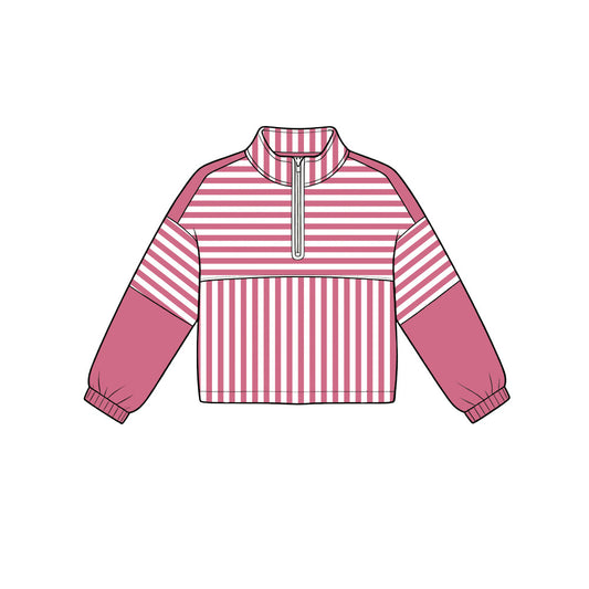 Preorder moq 5 Baby Girls Hot Pink Stripe Yoga Active Zip Pullovers Top