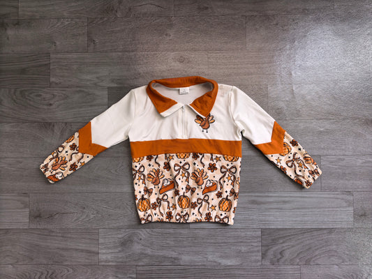 Baby Girls Turkey Bows Pumpkins Thanksgiving Zip Pullovers Top Preorder