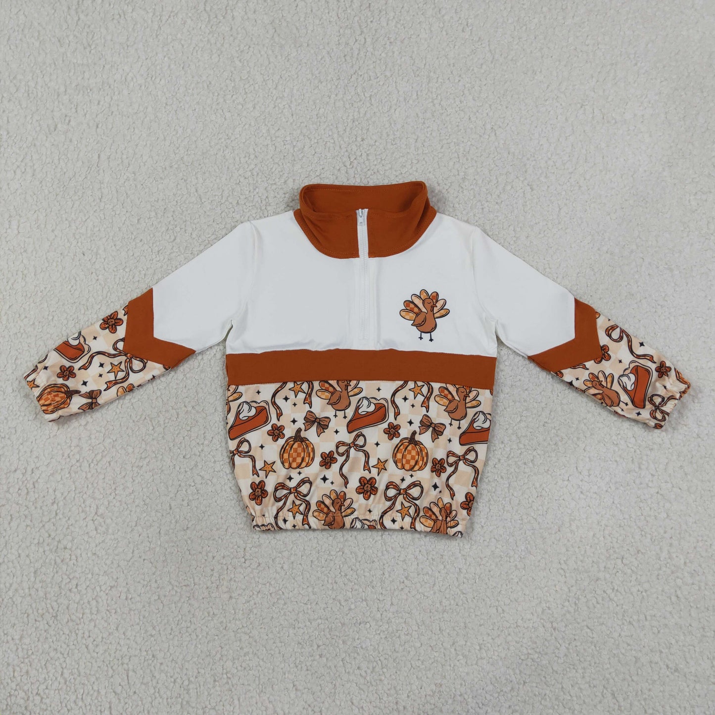 Sibling Baby Girls Bows Pumpkins Turkey Flare Pant Thanksgivings Zip Pullover Set Rompers