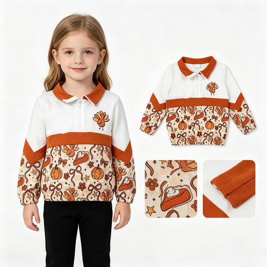 Baby Girls Turkey Bows Pumpkins Thanksgiving Zip Pullovers Top