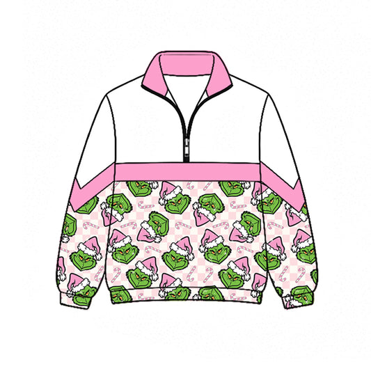 Preorder moq 5 Baby Girls Green Frogs Candy Cane Christmas Zip Pullovers Top
