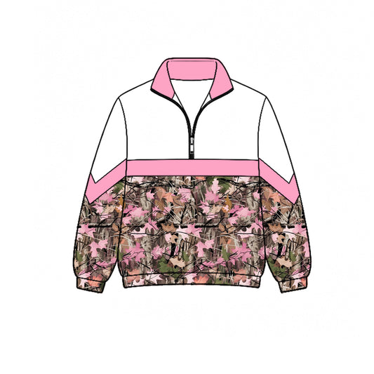 Preorder moq 5 Baby Girls Long Sleeve Pink Leaves Came Zip Pullovers Top