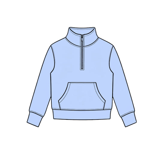 Preorder moq 5 Baby Girls Light Blue Long Sleeve Yoga Active Zip Pocket Pullovers Top