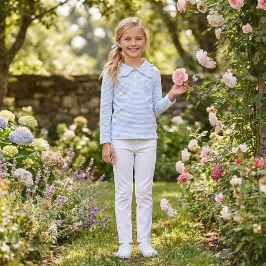Baby Girls Long Sleeve Light Blue Stripe Zip Ruffle Pullovers Top