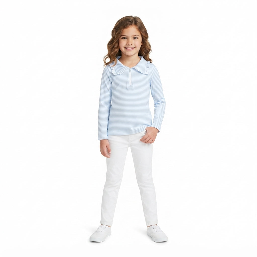 Baby Girls Long Sleeve Light Blue Stripe Zip Ruffle Pullovers Top