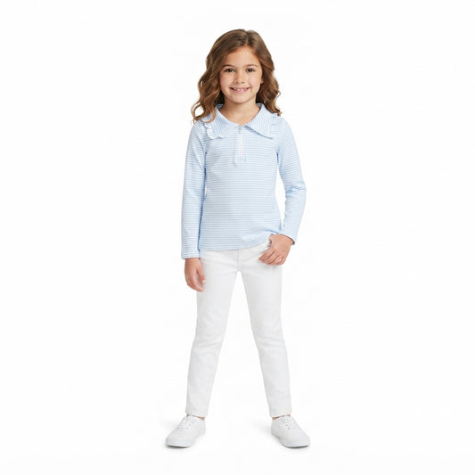 Baby Girls Long Sleeve Light Blue Stripe Zip Ruffle Pullovers Top