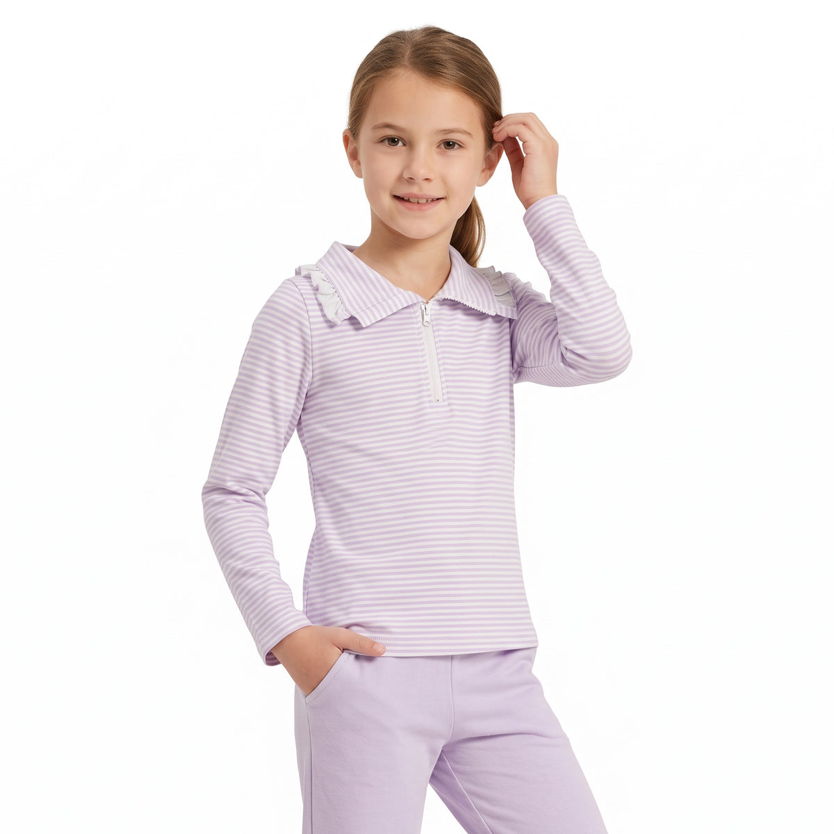 Baby Girls Long Sleeve Lavender Stripe Zip Ruffle Pullovers Top