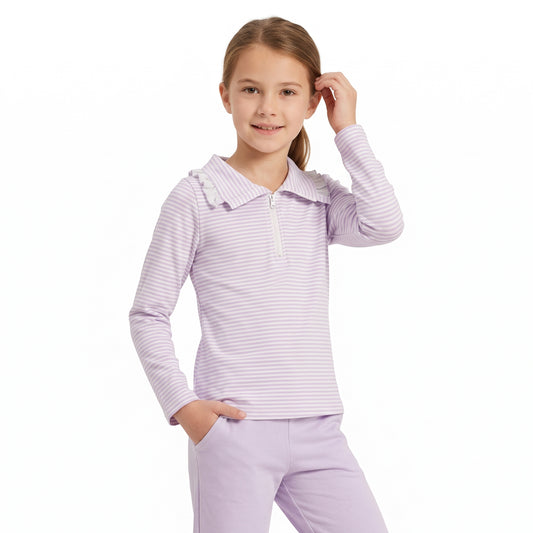 Baby Girls Long Sleeve Lavender Stripe Zip Ruffle Pullovers Top