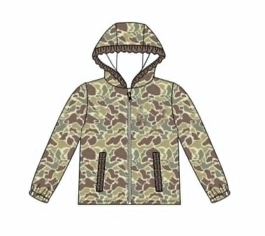 Preorder moq 5 Baby Girls Long Sleeve Khaki Camo Zip Pockets Ruffle Hoodies Top