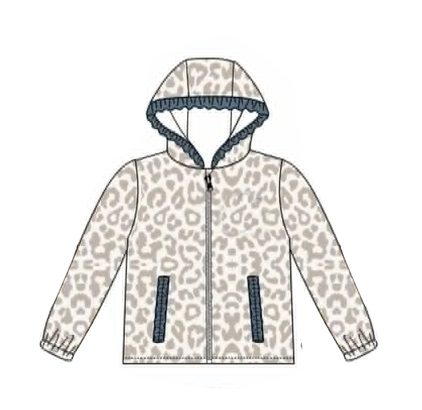 Preorder moq 5 Baby Girls Long Sleeve Grey Leopard Zip Pockets Ruffle Hoodies Top