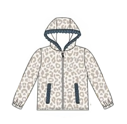 Preorder moq 5 Baby Girls Long Sleeve Grey Leopard Zip Pockets Ruffle Hoodies Top