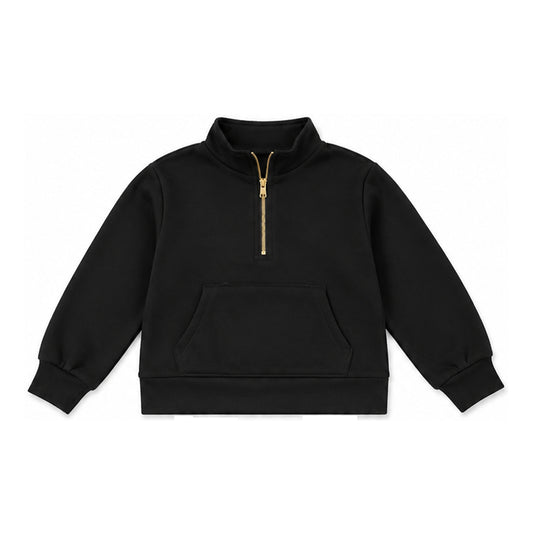 Preorder moq 5 Baby Girls Black Long Sleeve Sweater Fabric Zip Pockets Hoodies Top