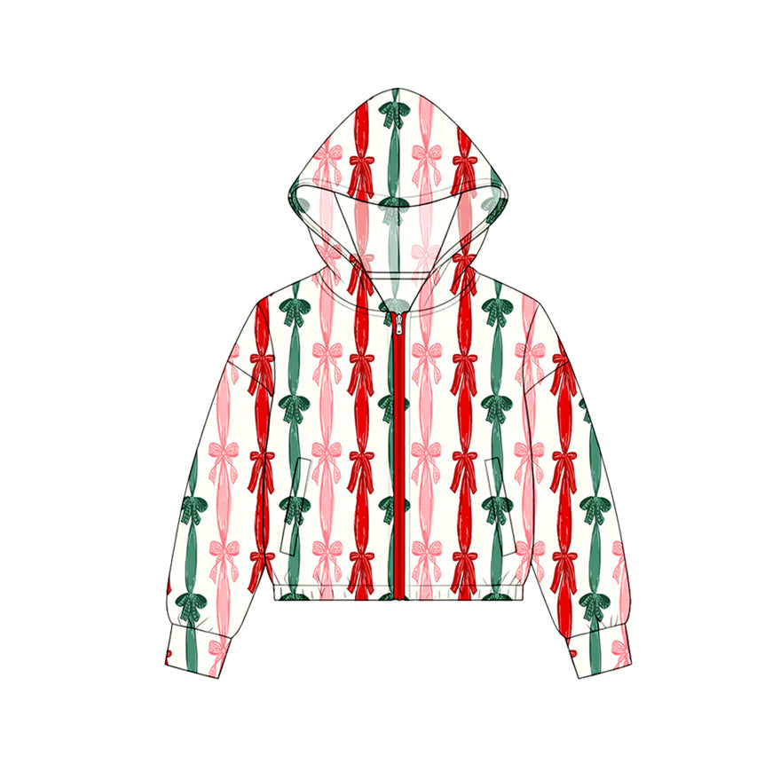 Preorder moq 5 Baby Girls Green Red Bows Stripe Zip Pockets Christmas Hoodie Jackets Top