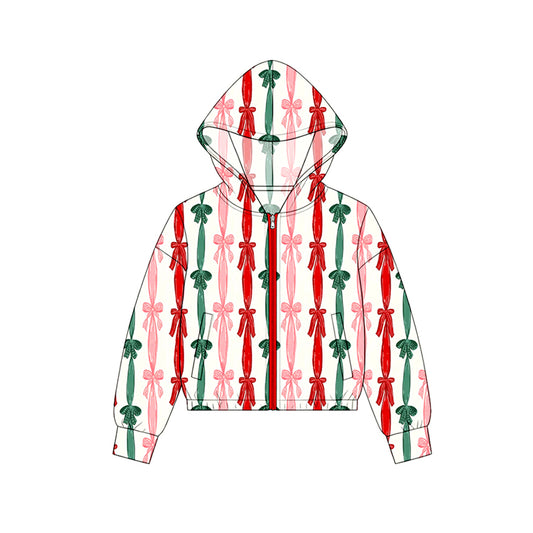 Preorder moq 5 Baby Girls Green Red Bows Stripe Zip Pockets Christmas Hoodie Jackets Top