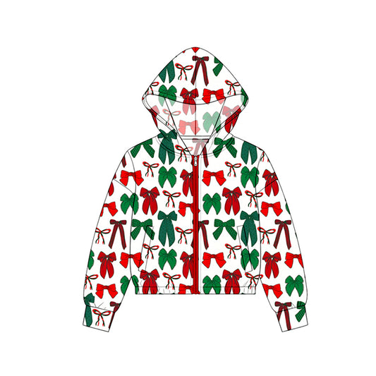 Preorder moq 5 Baby Girls Green Red Bows Plaid Zip Pockets Christmas Hoodie Jackets Top