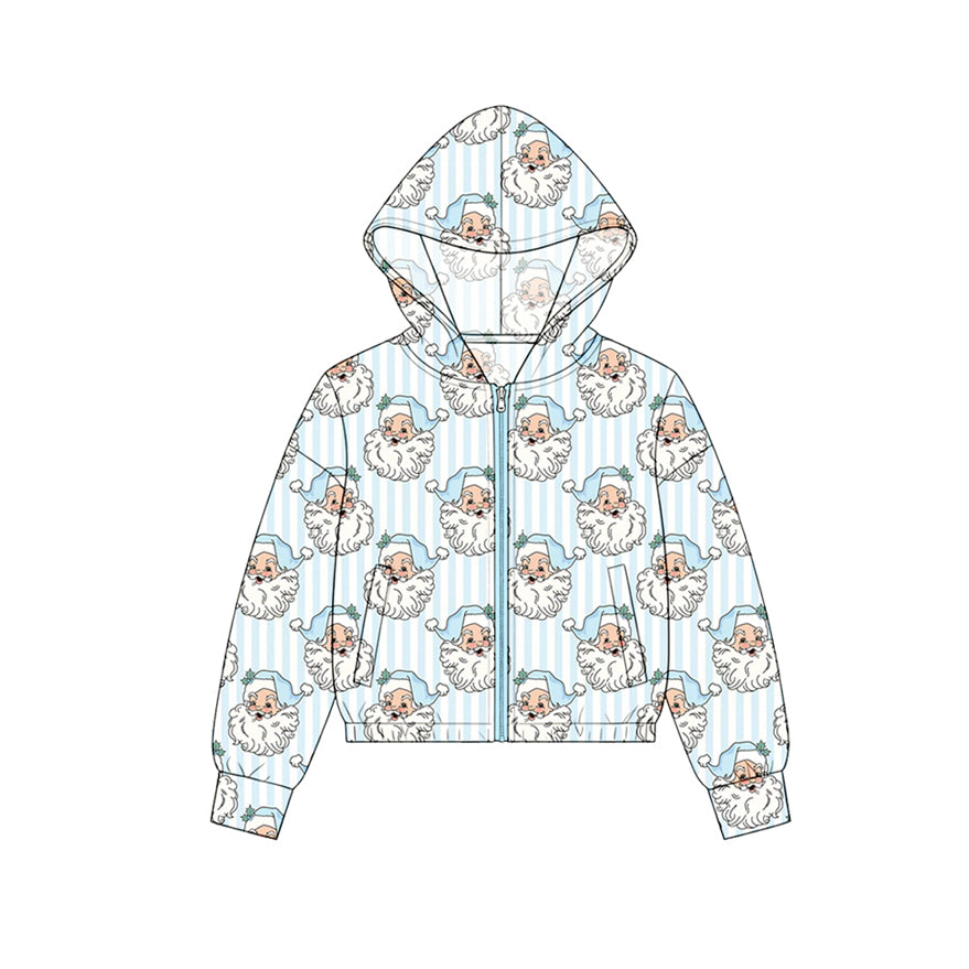 Preorder moq 5 Baby Girls Blue Stripe Santa Zip Pockets Christmas Hoodie Jackets Top