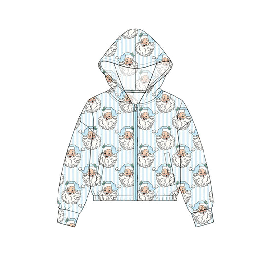 Preorder moq 5 Baby Girls Blue Stripe Santa Zip Pockets Christmas Hoodie Jackets Top