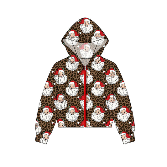Preorder moq 5 Baby Girls Leopard Santa Zip Pockets Christmas Hoodie Jackets Top