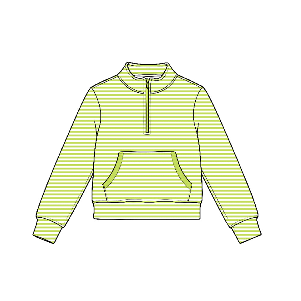 Preorder moq 5 Baby Girls Green Stripe Yoga Active Pocket Zip Pullovers Tops