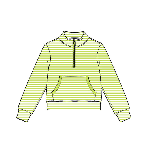 Preorder moq 5 Baby Girls Green Stripe Yoga Active Pocket Zip Pullovers Tops