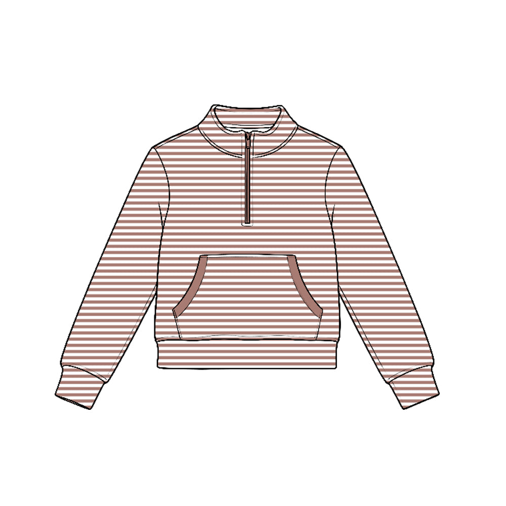 Preorder moq 5 Baby Girls Khaki Stripe Yoga Active Pocket Zip Pullovers Tops