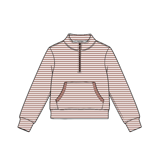 Preorder moq 5 Baby Girls Khaki Stripe Yoga Active Pocket Zip Pullovers Tops