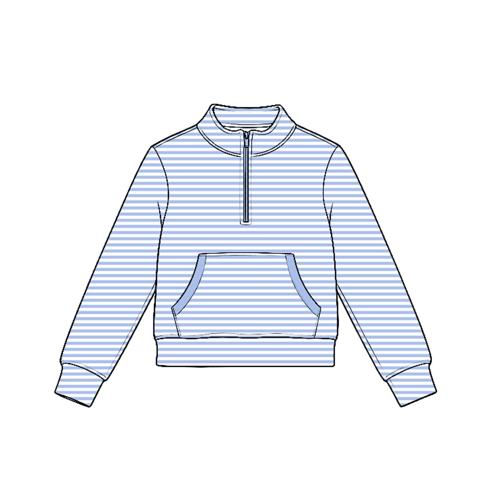 Preorder moq 5 Baby Girls Blue Stripe Yoga Active Pocket Zip Pullovers Tops