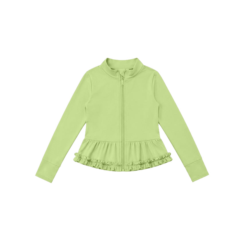Preorder moq 5 Baby Girls Green Yoga Active Pocket Zip Ruffle Jackets Tops