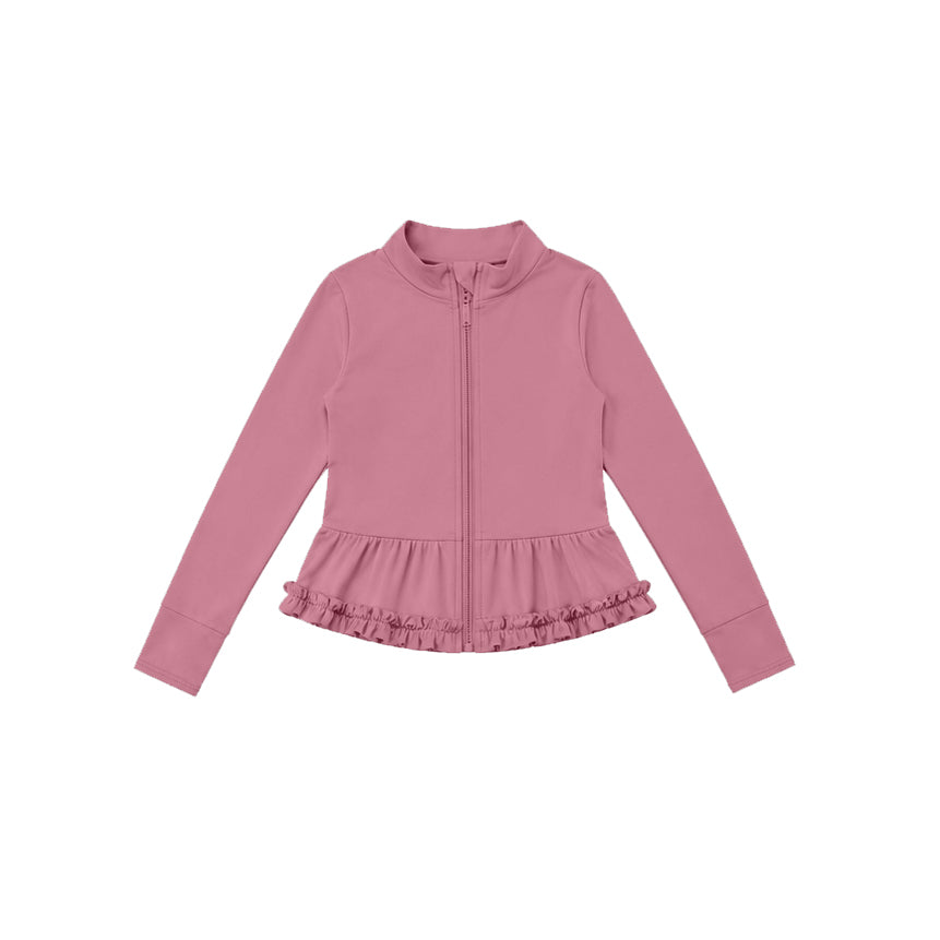 Preorder moq 5 Baby Girls Dusty Rose Yoga Active Pocket Zip Ruffle Jackets Tops