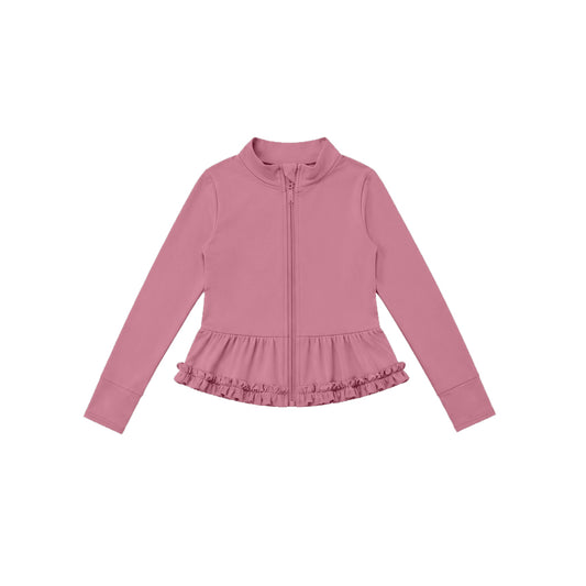 Preorder moq 5 Baby Girls Dusty Rose Yoga Active Pocket Zip Ruffle Jackets Tops