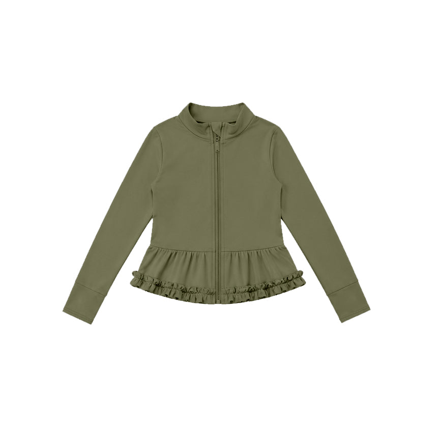 Preorder moq 5 Baby Girls Duck Green Yoga Active Pocket Zip Ruffle Jackets Tops