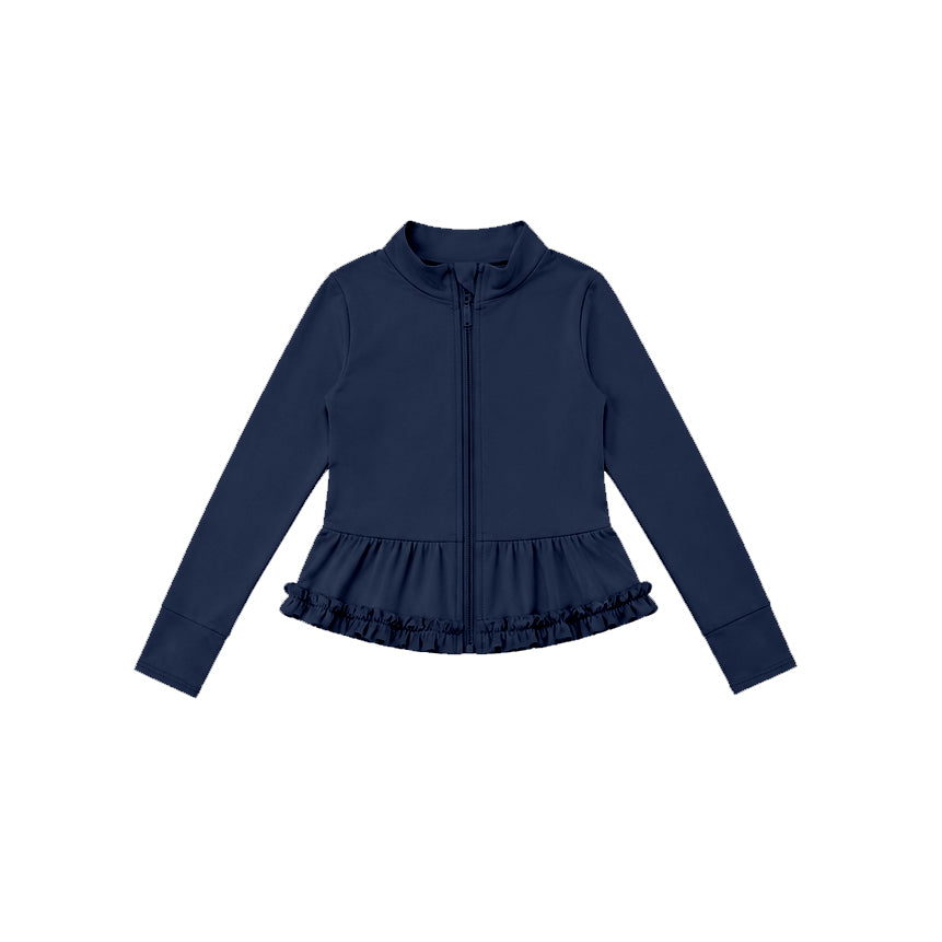 Preorder moq 5 Baby Girls Navy Yoga Active Pocket Zip Ruffle Jackets Tops