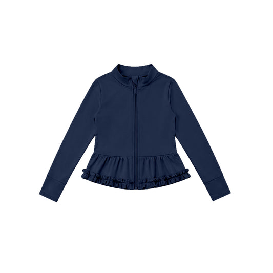 Preorder moq 5 Baby Girls Navy Yoga Active Pocket Zip Ruffle Jackets Tops